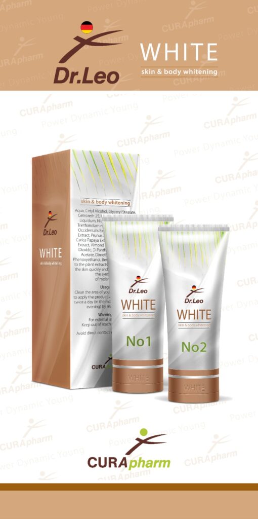 Zwei Tuben und eine Box mit Hautpflegeprodukt Dr. Leo White vor weißem Hintergrund.