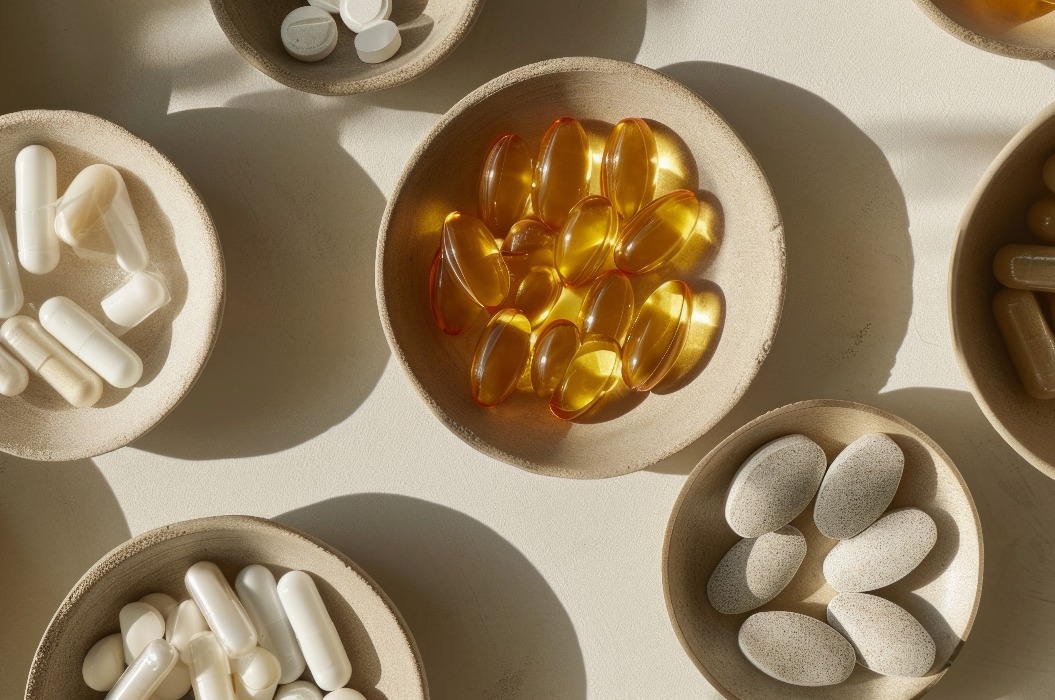 Verschiedene Nahrungsergänzungsmittel in Keramikschalen, ein modernes Tableau für Gesundheit und Wellness