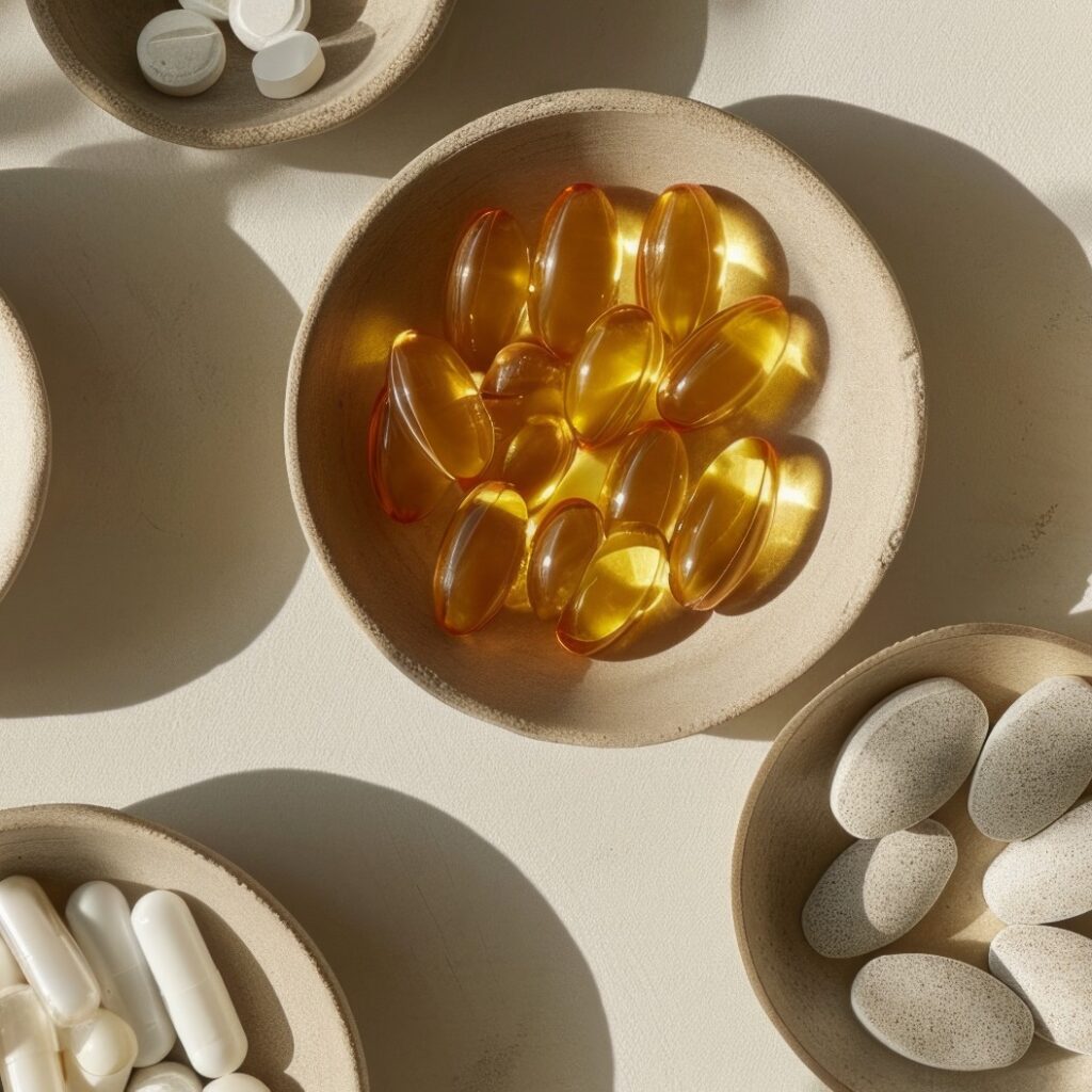 Verschiedene Nahrungsergänzungsmittel in Keramikschalen, ein modernes Tableau für Gesundheit und Wellness